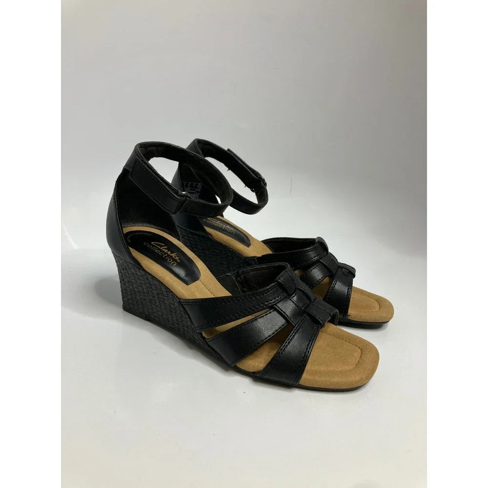 Clarks Collection Wedge Sandals Womens 6.5 Black Excellent Strappy Ankle Strap